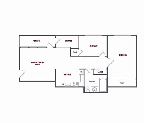 Floor plan for 2 beds, 1 bath, 796 sqft